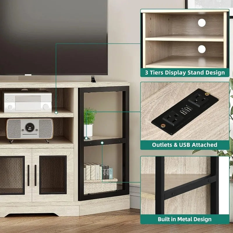 50 Inches Corner TV Stand w/Power Outlet, Entertainment Center TV Media Console Table with 6 Open Storage Shelve for