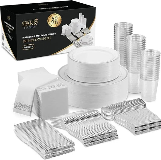 Plastic Plates For Party - Plastic Silverware - 350 PC Wedding Dinnerware Set For 50 Guests disposable dinnerware set