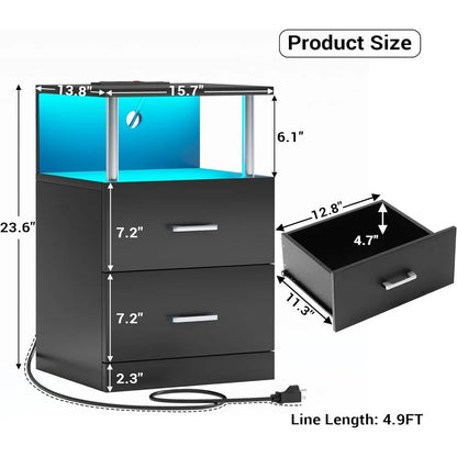 LED bedside table, Bedside table set 2 pieces, Bedside table furniture with open storage and 2 drawers