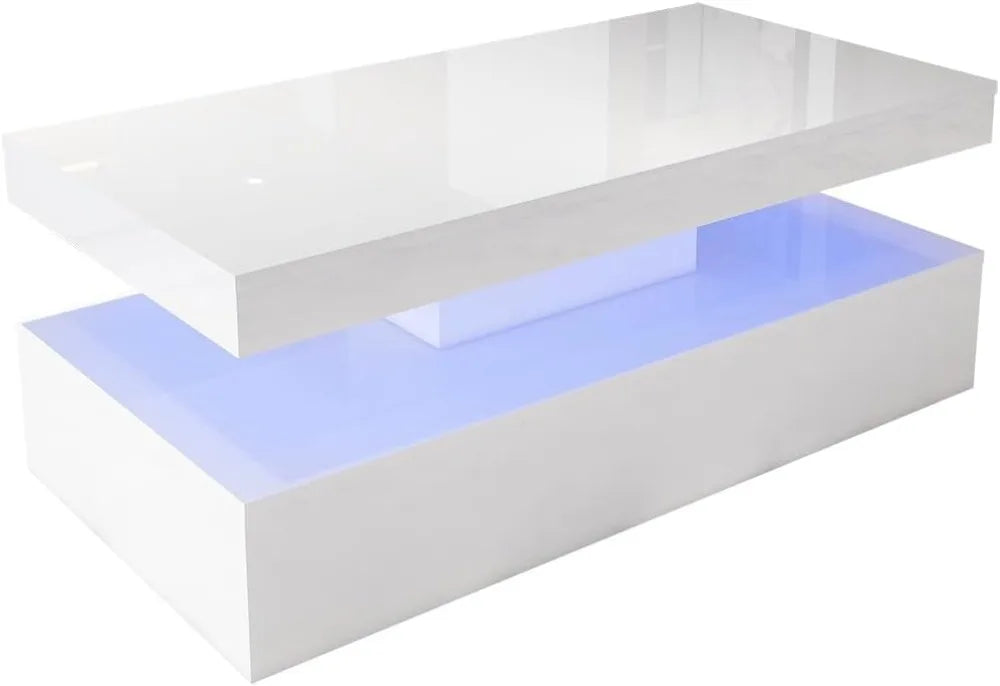 LED Coffee Table, White Modern High Gloss Coffee Table with RGB Light, Rectangular Coffee Table with Remote Control for Living