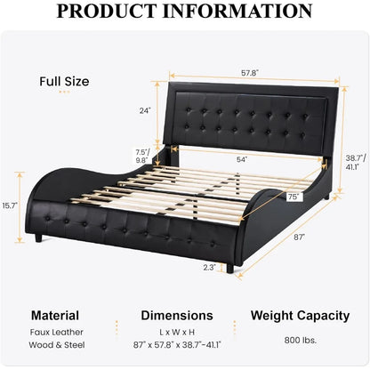 Platform bed frame, full-size box tufted, faux leather upholstered bed, black with adjustable headboard, wooden slatted support