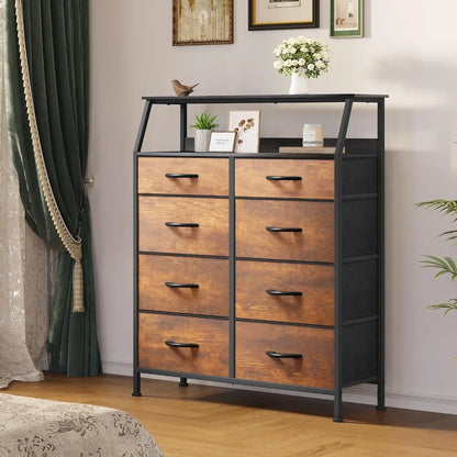 4 Dresser Drawer with 3-Tiers Wood Shelf, Dresser for Bedroom, Chest of Drawers, Sturdy Steel Frame, Easy Pull Fabric Bins