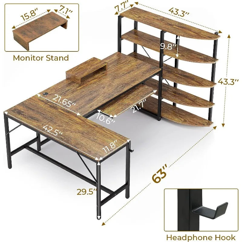 L Shaped Computer Desk, 63'' Desk with Storage Shelves, Keyboard Tray, Monitor Stand and Headphone Hook, Corner Gaming Desk