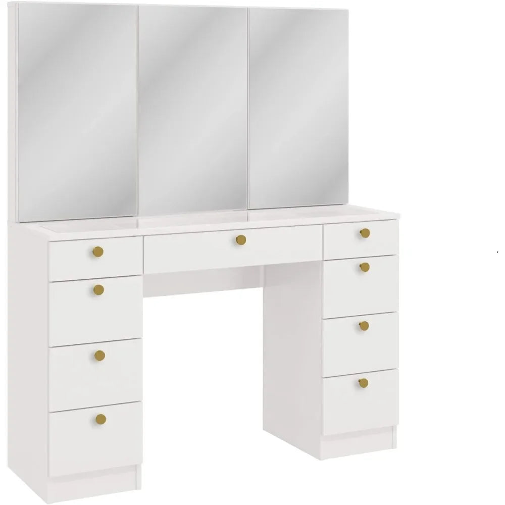 Lily White Makeup Vanity Desk with Mirror Cabinets, Glass Top, 9 Drawers, and Golden Knobs - Modern Vanity Makeup Desk