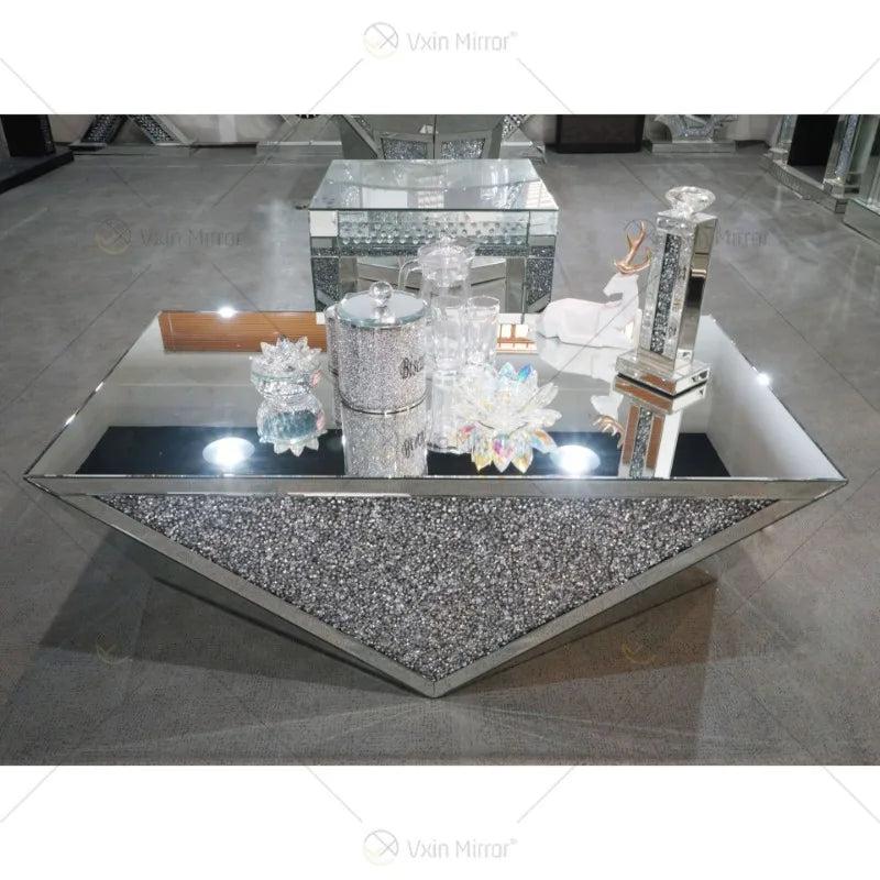 Cross border modern mirror tea table, glass corner table, diamond decoration, living room coffee table,   tea table