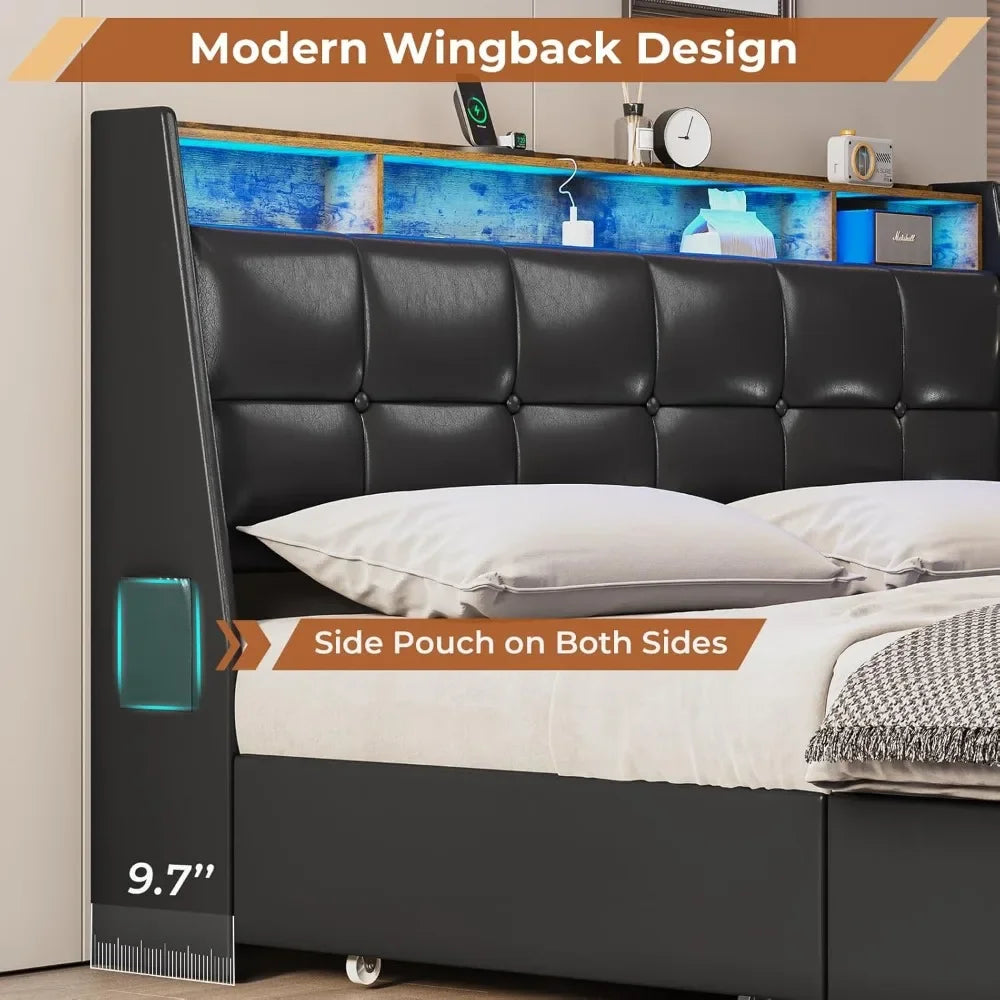 Built with precision Built to last. Enjoy our spacious luxury King Size Bed Frame w 4 Storage Drawers,Charging Station and LED Lights,Upholstered Bed Frame w Button Tufted Wingback Headboard