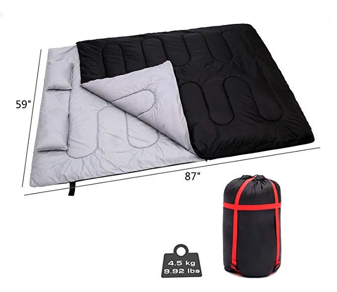 Hot Double Sleeping Bag with 2 Camping Pillows, Waterproof Lightweight 2 Person Adults Sleeping Bag for Camping, Backpack