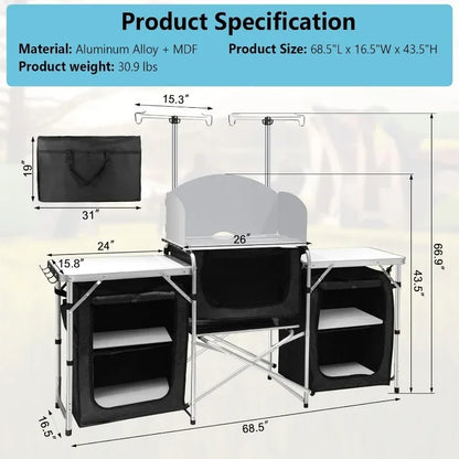 Seetek Camping Kitchen Table Aluminum Portable Outdoor Cooking Table Foldable Camp Table with Windscreen and 3 Storage Cupboards