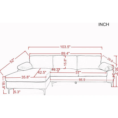 103.5" L-Shaped Sectional Sofas, Modern Velvet Upholstered 2-Seater Couch with Left Chaise Longue, Metal Leg, Removable Seat