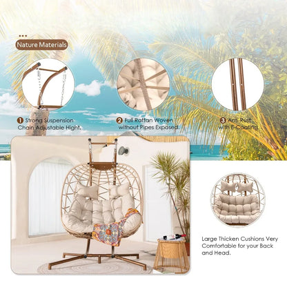 2 Person Wicker Swing Double Egg Chair with Stand, Rattan Wicker Hanging Egg Chair Hammock Chair with Cushion and Pillow