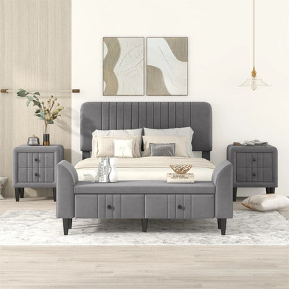 Gray 4-Pieces Bedroom Sets Full Size Upholstered Platform Bed w/ Two Nightstands and Storage Bench,for indoor bedroom furniture