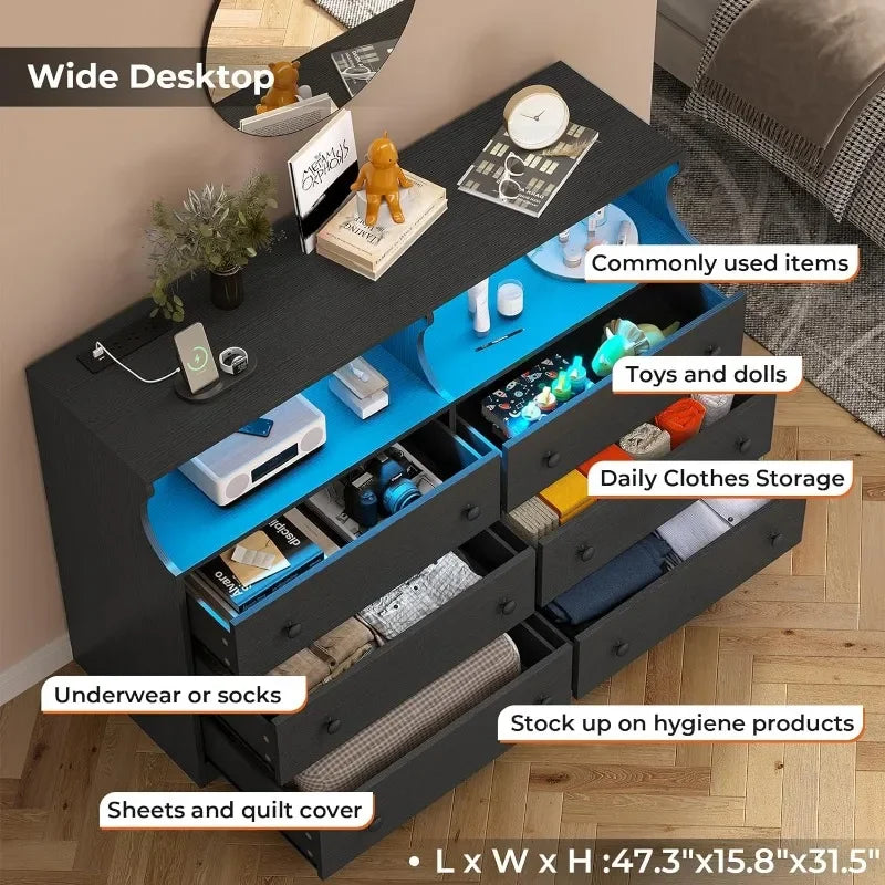 6 Drawer Dresser with LED Lights and Charging Station, Wide Chest of 6 Drawers with Open Space, Large Capacity Storage Cabinet