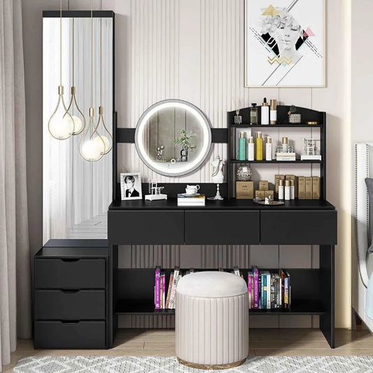 XVURO Vanity Desk with Mirror & Light, Four-Shelf Storage Mirror Cabinet & Six Large Drawers, 3 Lighting Modes Adjustable