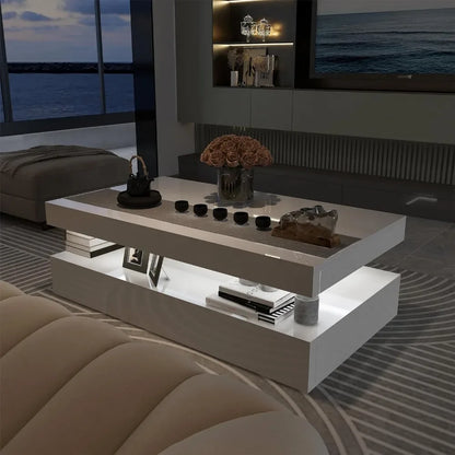 High Gloss Modern Coffee Table With RGB LED Light White Rectangular Coffee Table for Living Room With Remote Control Tables Wood