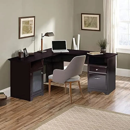 L-shaped table, home office corner computer desk with storage cabinet, dark brown