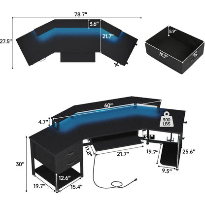 SEDETA 79" Gaming Desk, Computer Desk with 2 Fabric Drawers & LED Light, L Shaped Gaming Desk Carbon Fiber Black