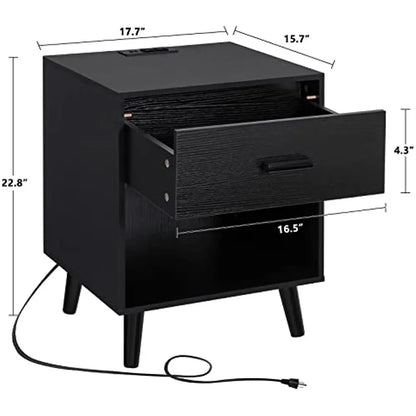 Nightstands Set of 2 with Charging Station and LED Lights, End Side Table with 1 Drawer, Modern Nightstand, Black