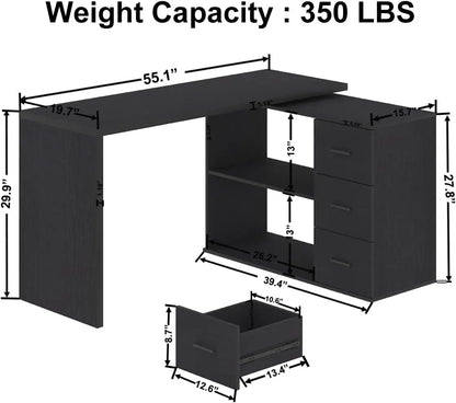 Black L Shaped Computer Desk with Drawers, L Shaped Home Office Desk with Storage Cabinet Shelves