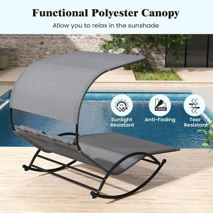 Tangkula 2 Person Lounge Chair with Adjustable Canopy, Outdoor Chaise Lounge with 2 Detachable Pillows, Sturdy Metal Frame