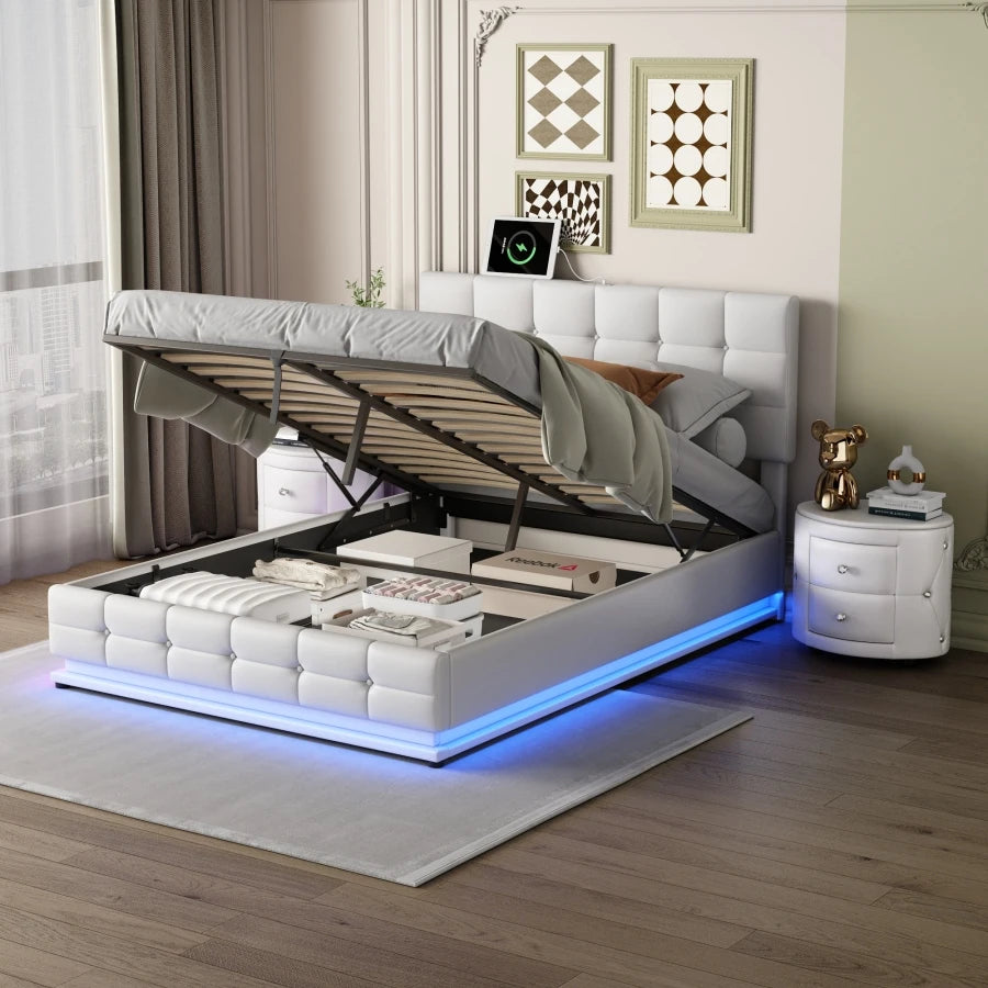 3-Pieces Bedroom Sets,Queen Size Upholstered Bed with LED Lights,Hydraulic Storage System and USB Charging Station, Two Nightsta