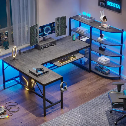 L Shaped Computer Desk, 63'' Desk with Storage Shelves, Keyboard Tray, Monitor Stand and Headphone Hook, Corner Gaming Desk