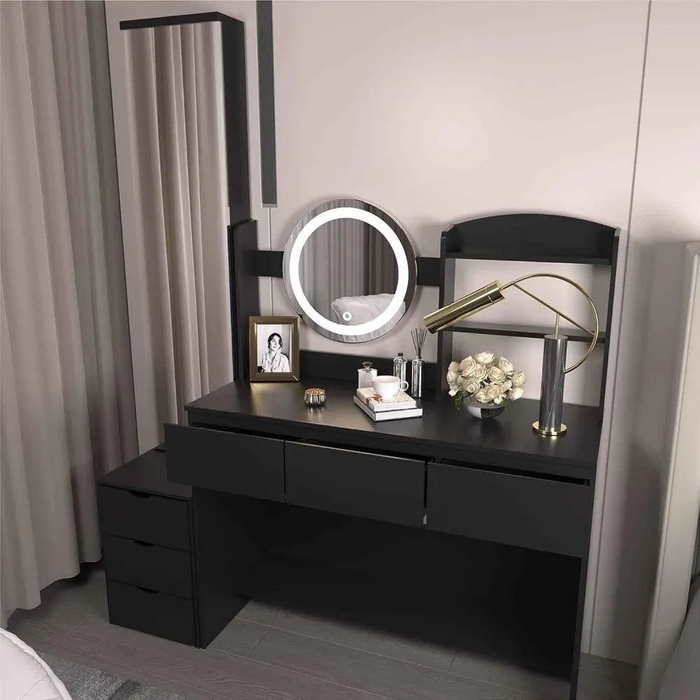 XVURO Vanity Desk with Mirror & Light, Four-Shelf Storage Mirror Cabinet & Six Large Drawers, 3 Lighting Modes Adjustable