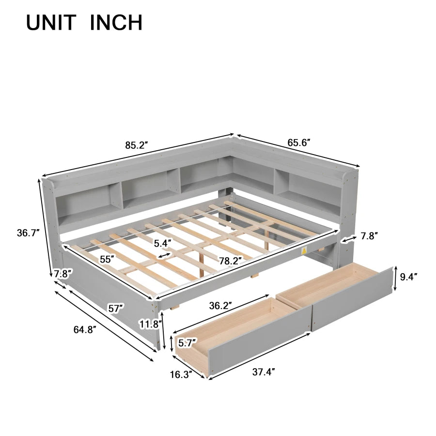 Full Bed with L-shaped Bookcases, Drawers, Storage Drawers, Stylistic Elements, Easy Assembly, Gray, White