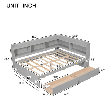 Full Bed with L-shaped Bookcases, Drawers, Storage Drawers, Stylistic Elements, Easy Assembly, Gray, White