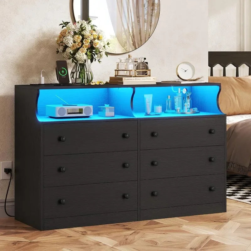 6 Drawer Dresser with LED Lights and Charging Station, Wide Chest of 6 Drawers with Open Space, Large Capacity Storage Cabinet