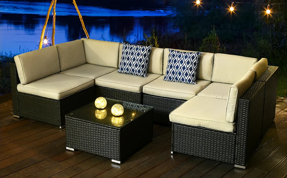 7 Pieces Patio Furniture Set, Outdoor Sectional Sofa PE Rattan Wicker Conversation Set Outside Couch  Backyard, Black