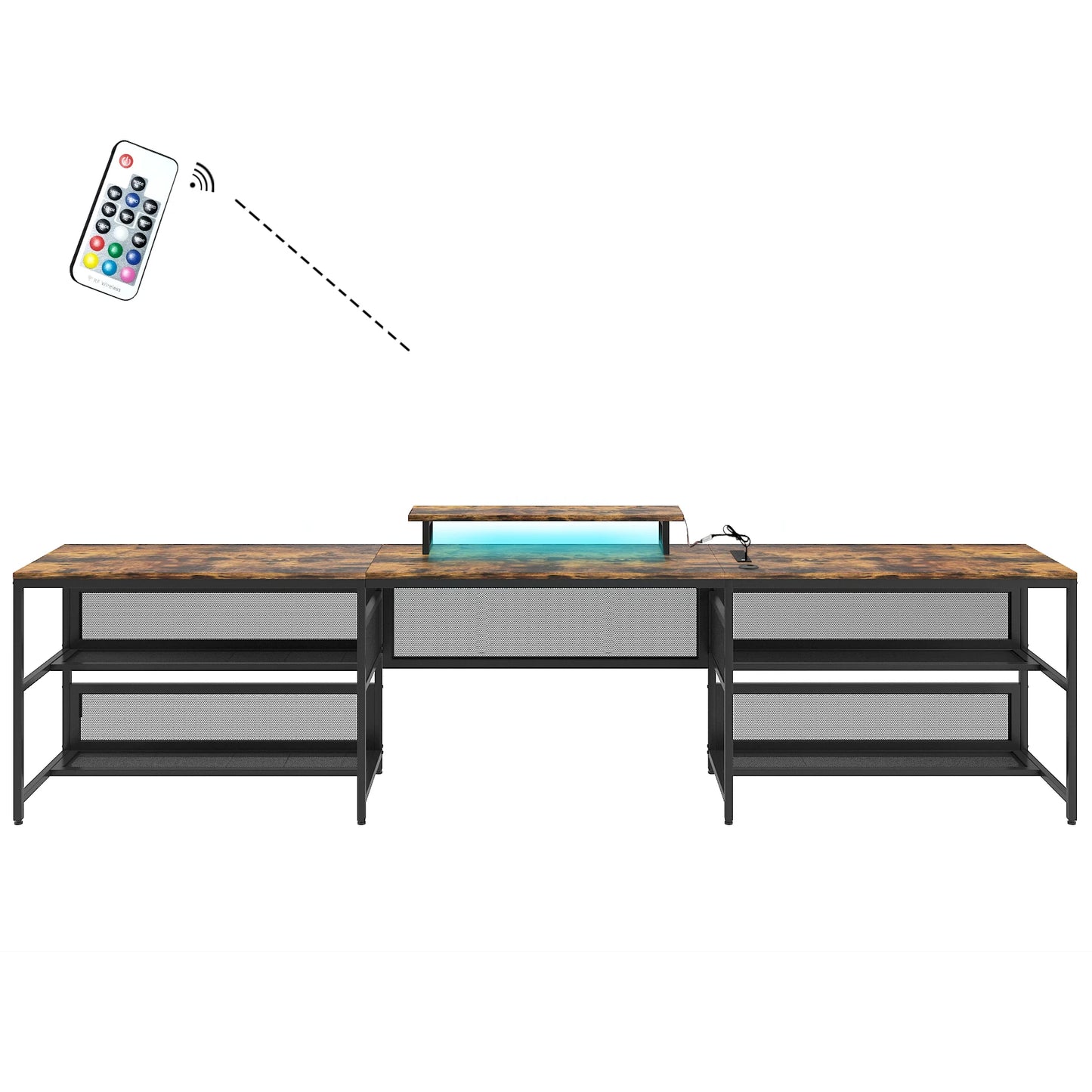 U-shaped Computer Desk with Shelves and LED Lights, Ample Storage Space