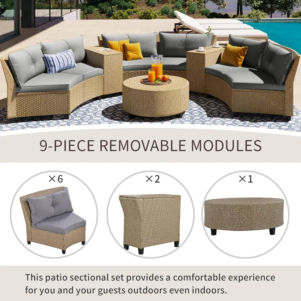 Outdoor 9 Pieces Patio Furniture Half Moon Wicker Sofa Sets, Fan-Shaped Curved Sectional Couch with Table and Cushions,Rattan