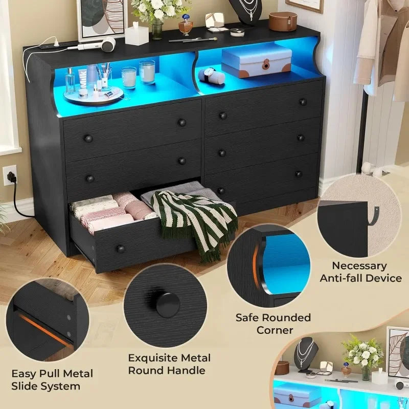 6 Drawer Dresser with LED Lights and Charging Station, Wide Chest of 6 Drawers with Open Space, Large Capacity Storage Cabinet