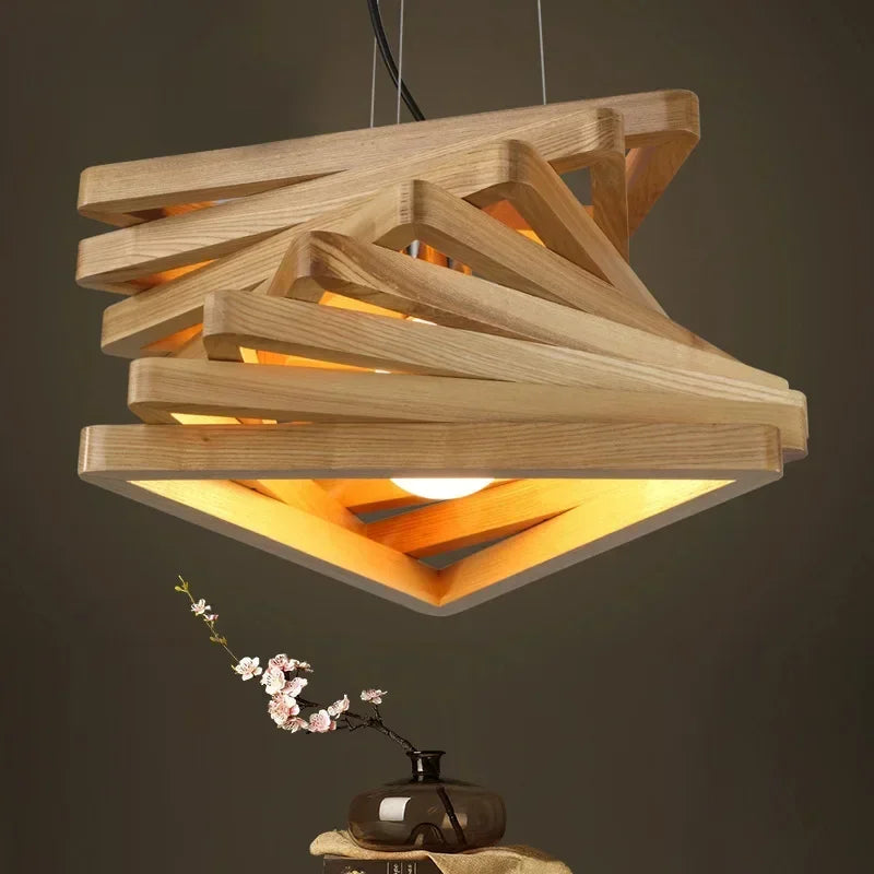 Modern Solid Wood Triangle Chandelier for Living Room Bar Restaurant House Decoration Lighting Led Indoor Hanging Lamp.