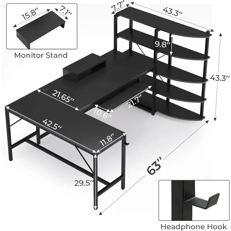 L Shaped Computer Desk, 63'' Desk with Storage Shelves, Keyboard Tray, Monitor Stand and Headphone Hook, Corner Gaming Desk