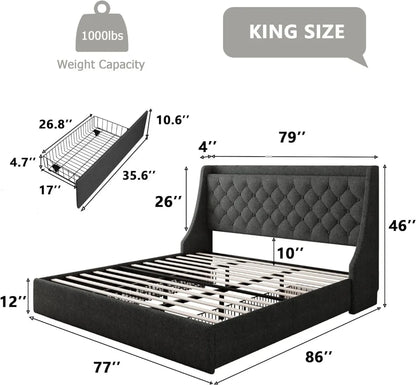 Feonase King Size Upholstered Bed Frame with 4 Storage Drawers Wingback Headboard and Storage Shelf Easy Assembly Dark Grey