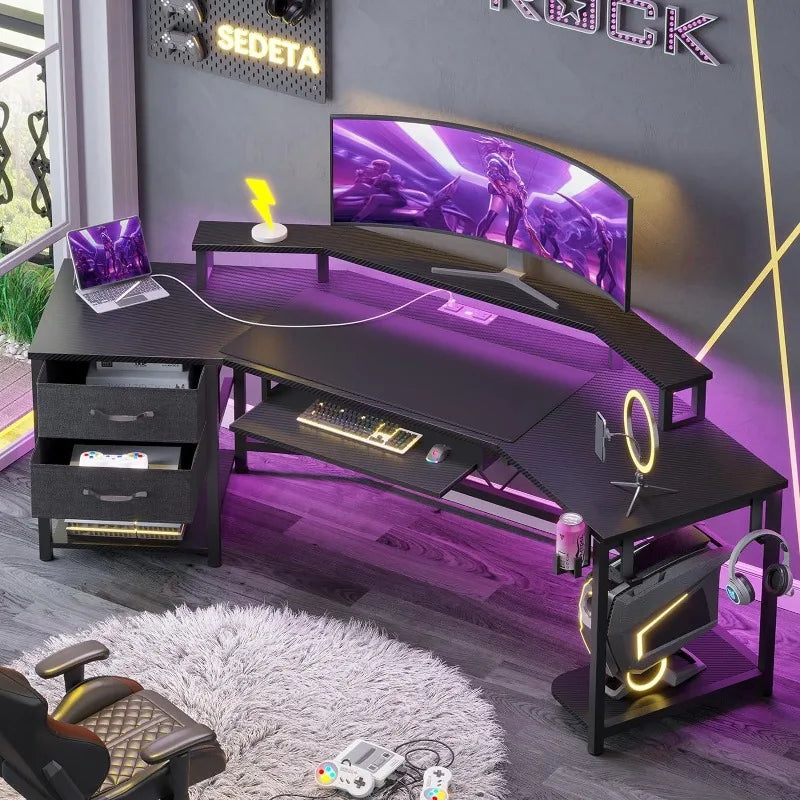 SEDETA 79" Gaming Desk, Computer Desk with 2 Fabric Drawers & LED Light, L Shaped Gaming Desk Carbon Fiber Black