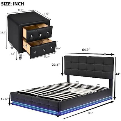 Designs Modern Queen Bed with 2 Nightstands, Black, Platform Bed, LED Lights, Lift-up Storage, USB Charging Station