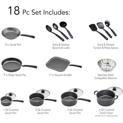 Primaware 18 Piece Non-stick Cookware Set, Steel Gray Kitchen    Cooking Pots