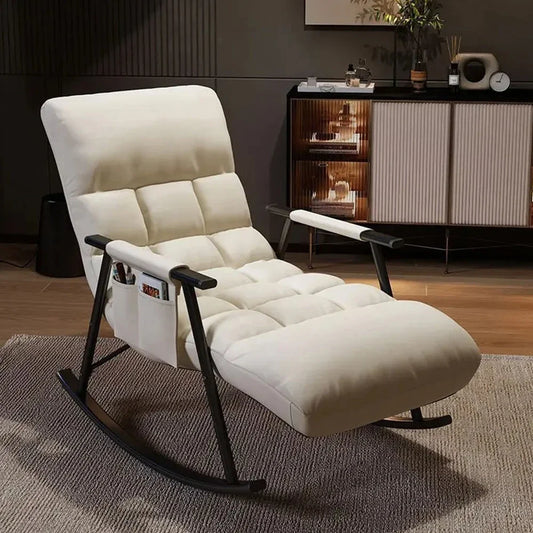 Elegant Comfort Rocker
Design: Contemporary rocking chair with a sleek, modern aesthetic, perfect for adding a touch of elegance to any room.
Materials: Crafted with a durable metal frame and dark wooden rockers,
Super comfy