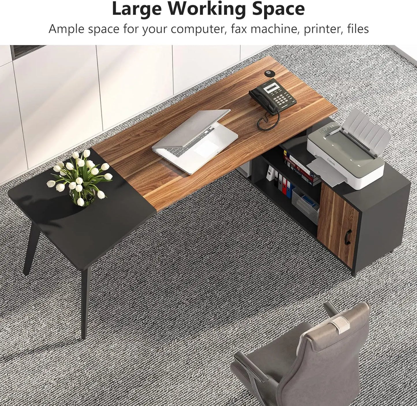 L-Shaped Computer Desk with File Cabinet, Industrial Business Furniture Desk Workstation for Home Office