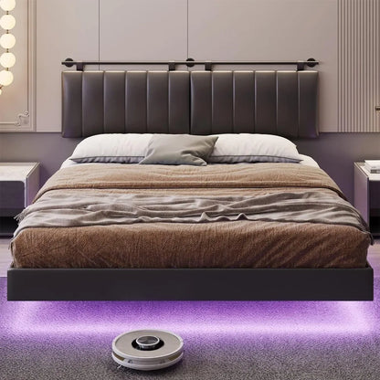 King Size Bed Frame with LED Lights and Wall Mounted Headboard Modern Upholstered Platform Low Profile LED Bed Frame