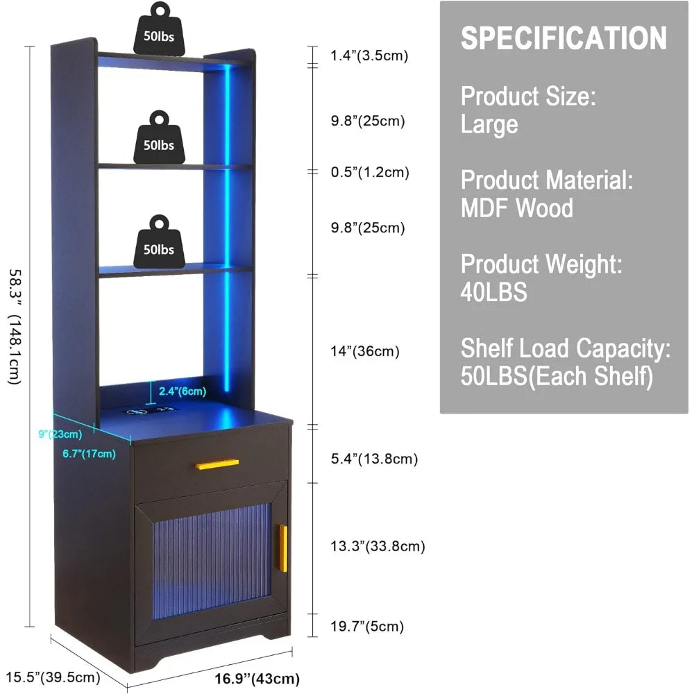 Tall Nightstand with Charging Station, Smart LED Night Stand with Bookshelf, Body Sensor, Modern Bedside Table with 2 Drawers