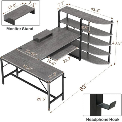 L Shaped Computer Desk, 63'' Desk with Storage Shelves, Keyboard Tray, Monitor Stand and Headphone Hook, Corner Gaming Desk