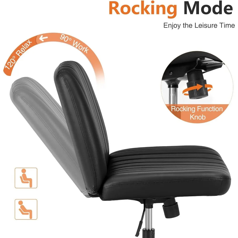 Office chair, armless work chair, wheelless cross legged computer chair, rotatable leather home office desk and chair