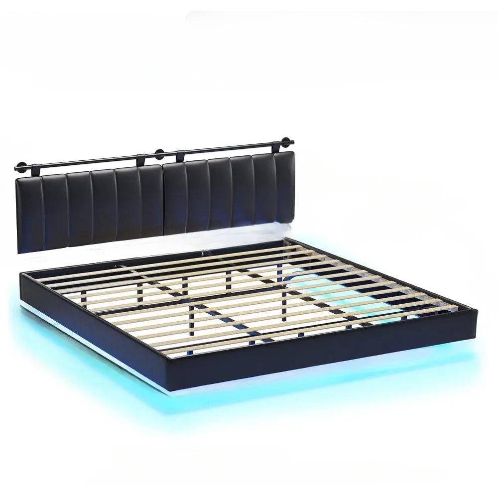 King Size Bed Frame with LED Lights and Wall Mounted Headboard Modern Upholstered Platform Low Profile LED Bed Frame