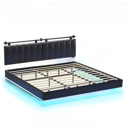 King Size Bed Frame with LED Lights and Wall Mounted Headboard Modern Upholstered Platform Low Profile LED Bed Frame