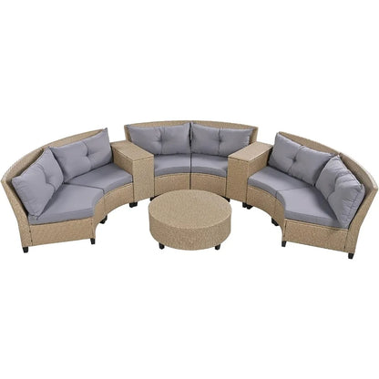 Outdoor 9 Pieces Patio Furniture Half Moon Wicker Sofa Sets, Fan-Shaped Curved Sectional Couch with Table and Cushions,Rattan