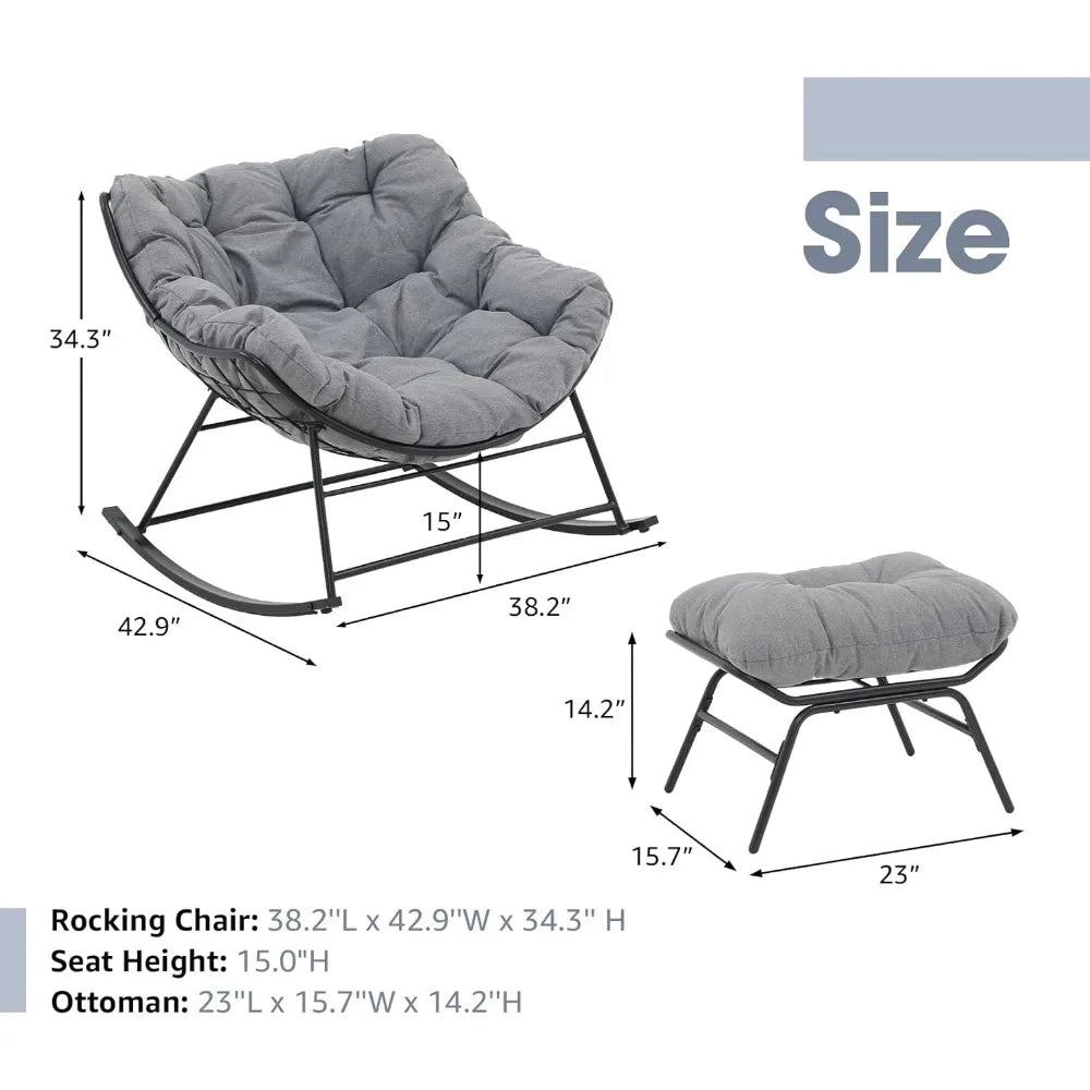 LARGE Casual Outdoor Rocking Chair with Ottoman, Indoor Rocker Egg Recliner Chairs for Balcony Front Porch Garden Living Room, Grey