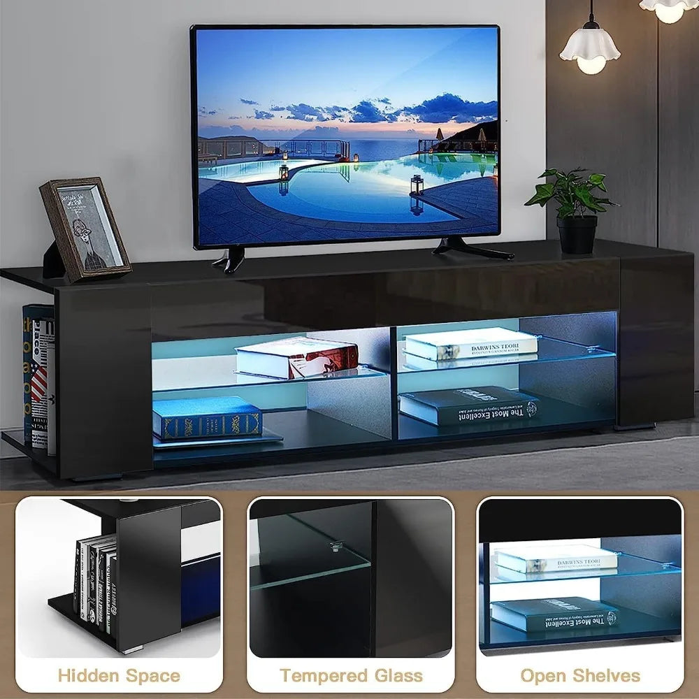 LED TV Stand for 65 Inch TVs Black Modern LED Entertainment Center 57 Inch with LED Lights Small TV Console Media Table